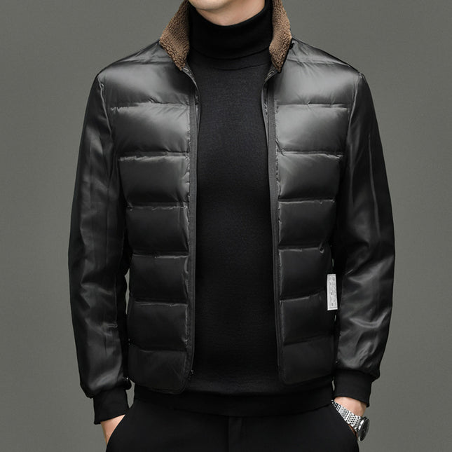 Men's Stand-Up Collar Leather Jacket Autumn and Winter Removable Liner Warm and Stylish Zipper Jacket Trendy Tops for Young and Middle-Aged People