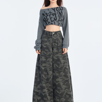 American Grey Overalls Wide Leg Camouflage Jeans 2025 Spring New Women's High Waist Loose Slimming Straight Leg Pants