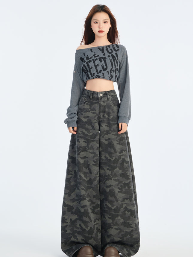 American Grey Overalls Wide Leg Camouflage Jeans 2025 Spring New Women's High Waist Loose Slimming Straight Leg Pants