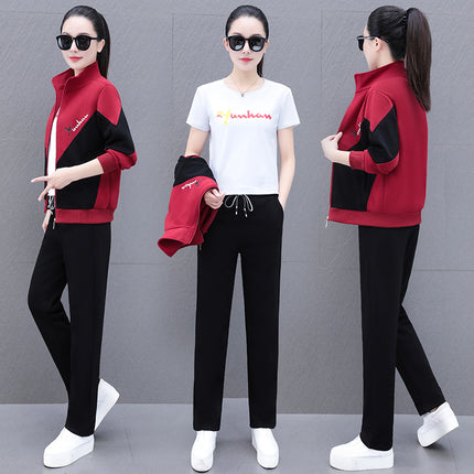 High Cotton Color-Block Two-Piece Fashion Casual Sports Suit for Women, Spring and Autumn, Middle-Aged Mom, Stand Collar Cardigan and Color-Block Sweatpants