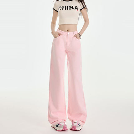 Spring 2025 New Pink High Waist Stitching Design Contrast Color Straight Jeans Women JEANS WOMEN