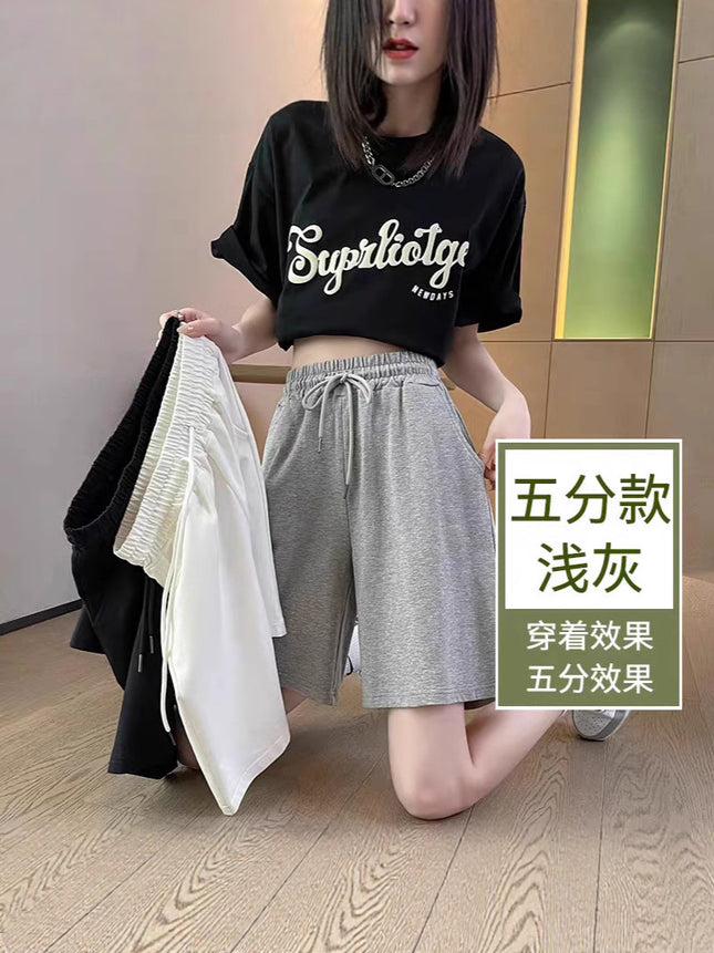 Women's Summer Loose Straight-Leg Sports Shorts, Hong Kong Style, Slimming, Casual, Trendy Ins Wide-Leg Mid-Length Gray Shorts, 5-Point Shorts