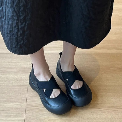 2026 Summer New Style Black Flat Leather Shoes Thick-Soled Retro Style Round-Toe Cross-Strap Mary Jane Shoes for Women