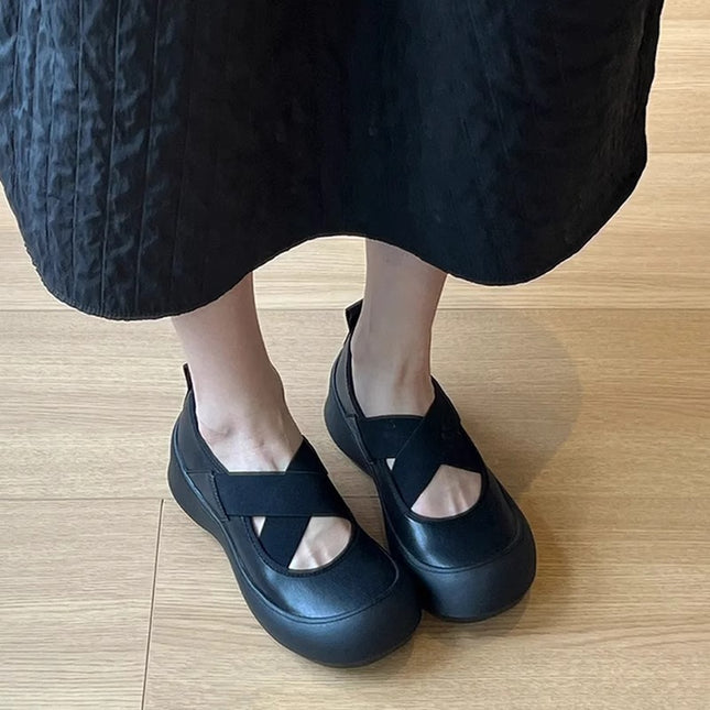 2026 Summer New Style Black Flat Leather Shoes Thick-Soled Retro Style Round-Toe Cross-Strap Mary Jane Shoes for Women