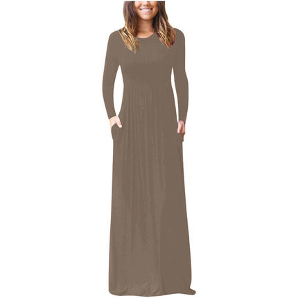 2023 autumn and winter New Amazon cross-border supply round neck long sleeve solid color casual pocket dress mop dress