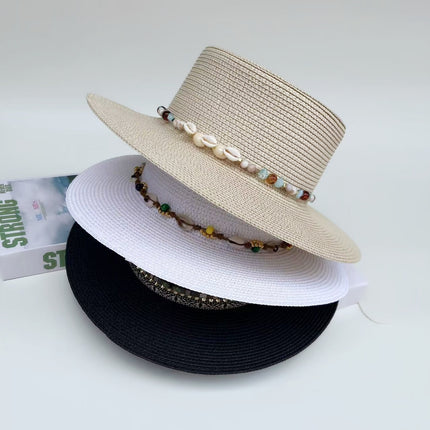 Bohemian Cowboy Style Flat-Top Straw Hat for Women's Summer Travel and Vacation Sun Protection Hat for Shopping and Versatile Flat-Brimmed Hat