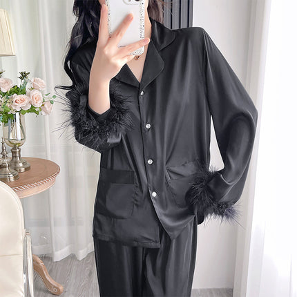 Fashionable New Ostrich Feather Bridal Robe, Ice Silk Pajamas, Silky Touch, Comfortable to Wear, Women's Pajama Set