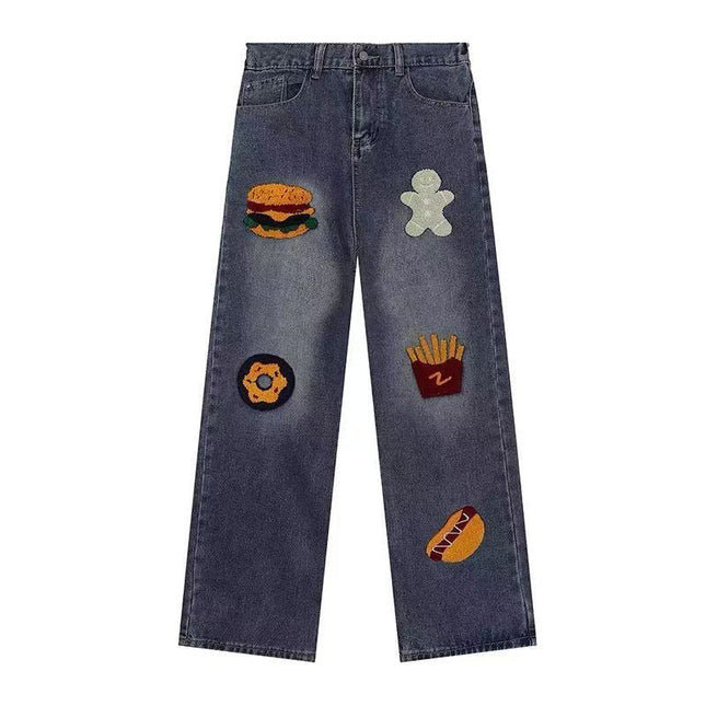 American Retro Niche Creative Burger Fries Towel Embroidered Jeans Men's Street Fashion Brand Loose Casual Long Pants