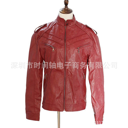 2025 New Autumn and Winter Leather Jacket Men's Color Splicing Stand Collar Top Jacket E9G881 European Station Hot Sale Wish