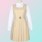 Khaki (dress) + women's white pointed collar long-sleeved shirt + belt / XS