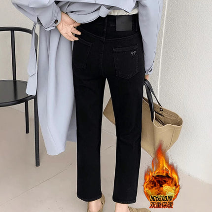 Autumn and Winter fleece-lined Black Jeans Women's plus size Chubby Sister mm Pear-Shaped Body Slimming Stretch Straight Pipe Pants