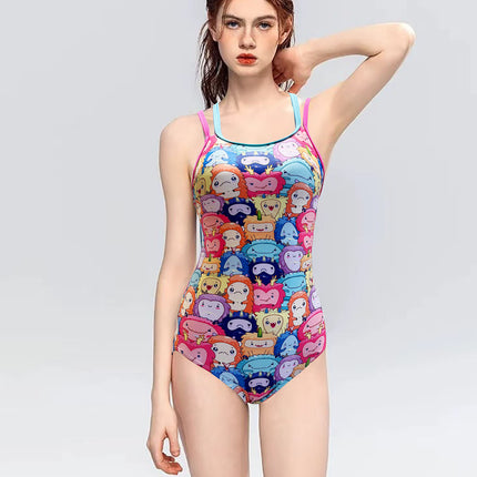 2025 New Summer Swimsuit Women's One-Piece Triangle Racing Style Sports Casual Cartoon Pattern Fashionable Pure Girl