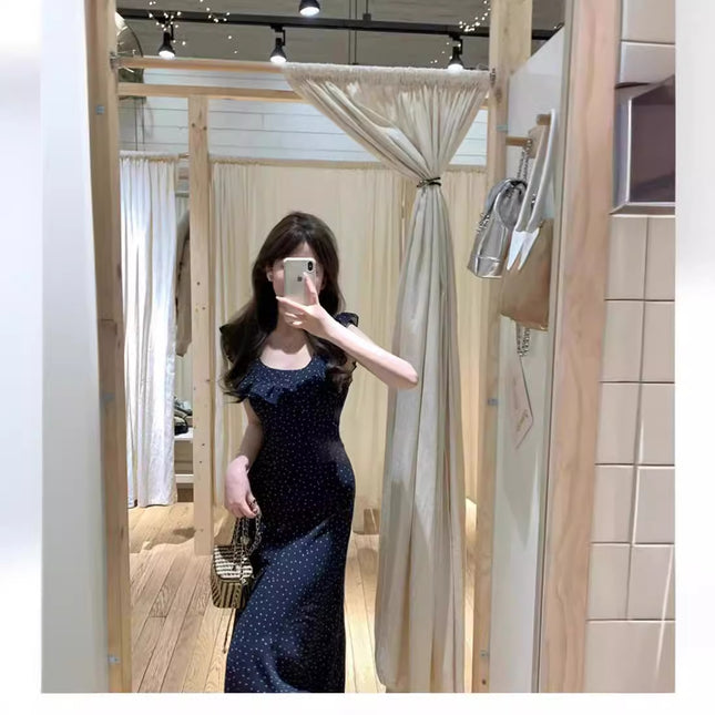 French High-end Ruffled Short-sleeved Dress Women's Tight Waist Elegant Sexy Backless Wave Dot Mid-length Dress for Summer
