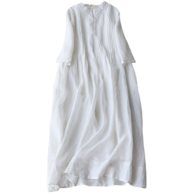 Small stand collar elegant organ pleated cropped sleeves loose elegant beautiful solid color dress women 2025 spring and summer