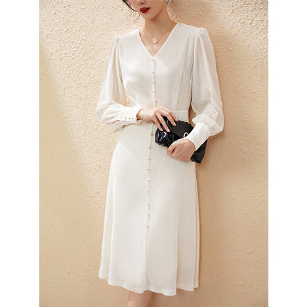 European Style White Velvet Silk Dress for Women 2025 New V-Neck French High-Waisted Mulberry Silk Long Dress