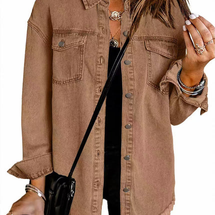 Cross-border New Washed Denim Shirt Jacket 2024 European and American Women's Autumn and Winter Distinctive Street Style Edge Hem Jacket