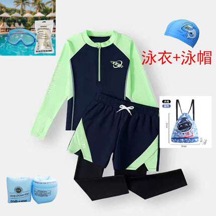 Baby Boy, Middle and Large Children, Slim Long-Sleeved Split Swimsuit Suit, Super Fairy Cut Out Kindergarten Summer Sports Three-Piece Suit