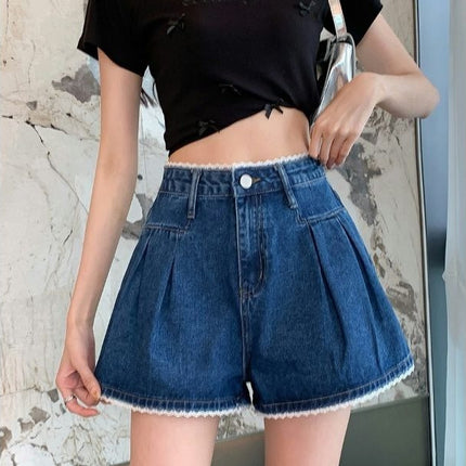 Blue Denim Shorts Women's Summer Lace Pants 2025 New Hot Style High Waist A-Line Wide Leg Hot Pants for Hot Girls
