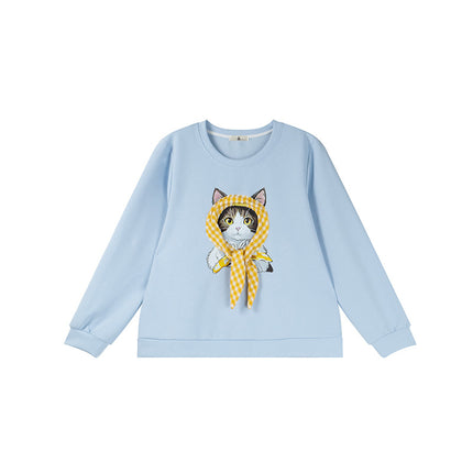 Shuangtian 2025 New Autum Fat Girl Plus Size Women's Sweatshirt Sweet Kitten Turban Round Neck Sweatshirt Women 9052
