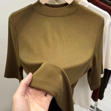 2025 New Style Half-High Collar Solid Color Five-Quarter Sleeve Inner Layering Shirt for Women, Versatile Spring Slimming and Elegant Top T-Shirt
