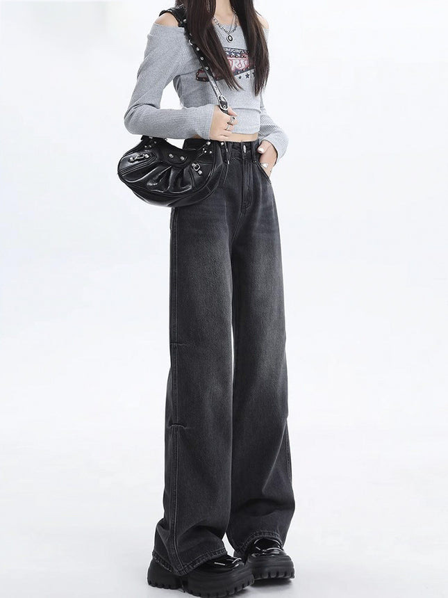 Retro Distressed Wide-leg Jeans for Women Summer 2024 New American High-waisted Loose Slimming Look Draped Floor-length Pants