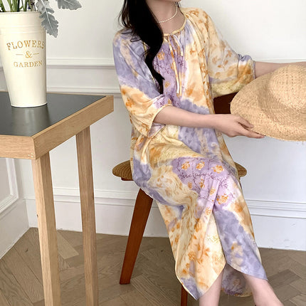 2026 New Cotton Silk Nightgown for Women, High-End Printed Short-Sleeved Long Dress, Large Size, Thin Style, Can Be Worn Outside as Loungewear