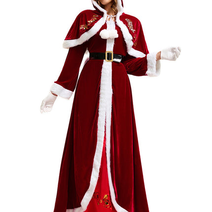 European and American Cross-Border Christmas Clothing Long-Sleeved Women's Christmas Dress Thickeneded Santa Claus with Shawl Christmas Queen Costume