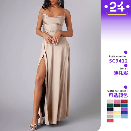 2025 New European and American Foreign Trade Women's Sexy Slim Slim-Fit Backless Amazon Strap Tight Waist Dress Long Dress