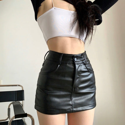 Black Versatile High Waist PU Leather Pants Women's 2024 Autumn New Slimming High-end Light Luxury Short Skirt Skirt Outer Wear