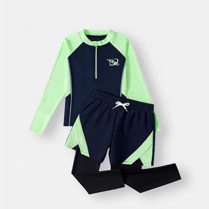 Baby Boy, Middle and Large Children, Slim Long-Sleeved Split Swimsuit Suit, Super Fairy Cut Out Kindergarten Summer Sports Three-Piece Suit