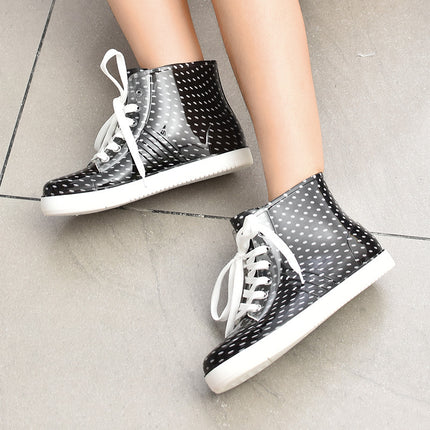 Japanese-Style Fashionable Student Lace-Up Rain Boots for Women, Short Water Shoes with Fleece Lining for Warmth, Slip-On Rain Boots, Waterproof Rubber Shoes, Lightweight