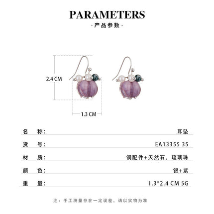 Vintage New Chinese Purple Glaze Flower Earrings Sweet All-match Natural Stone Earrings Earrings Distinctive Earrings
