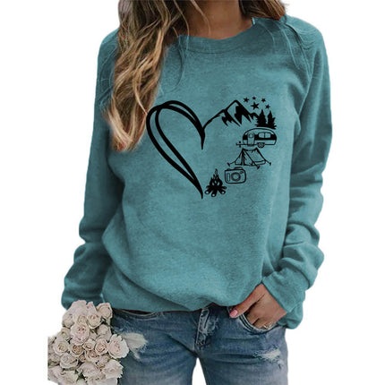 Love Camping Printed Round Neck Jacket Sweatshirt European Size Women's Coat Long Sleeve Cross-border Autumn and Winter Foreign Trade Supply