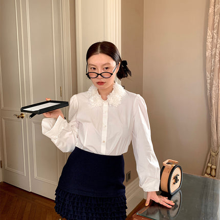 [Order Model]Ovinsyang Flower Ball Collar White Shirt Women's Autumn and Winter Design Niche Long-Sleeved Inner Layering