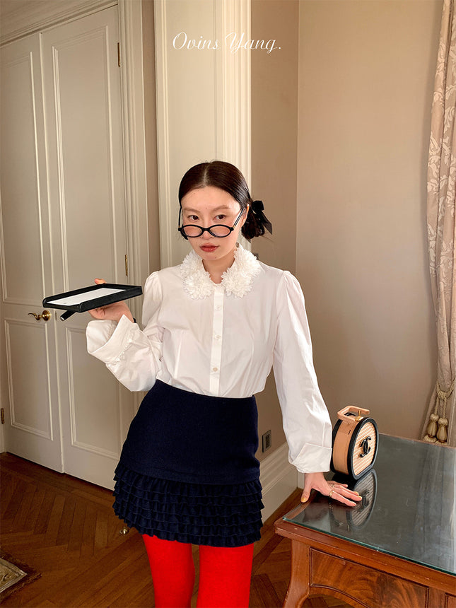 [Order Model]Ovinsyang Flower Ball Collar White Shirt Women's Autumn and Winter Design Niche Long-Sleeved Inner Layering