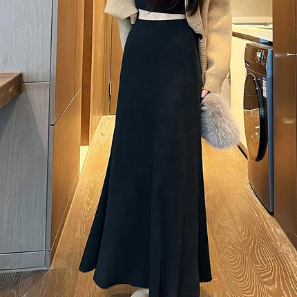 Gray Fishtail Skirt for Women, Autumn and Winter Long Skirt, Versatile Elegant, A-Line Hip-Covering Slimming Look Knitted Skirt, Mid-Length Skirt