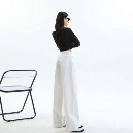 New Chinese Style Loose Jeans for Women in Autumn, New Hot Girl Pleated Design, Opaque White Drapey Floor-Length Wide-Leg Pants