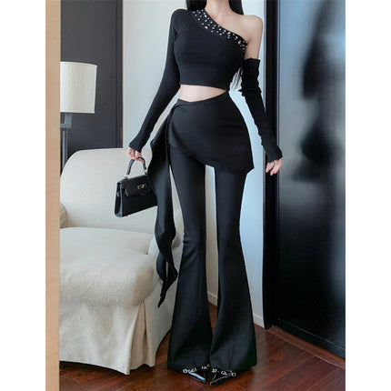 Removable Fake Two-Piece Ruffled Waist Seal Slimming Design Sense Micro Horn Casual Pants suit