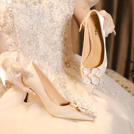 C758-45 Apricot New Bridesmaid Wedding Shoes Bridal Shoes Women's High Heels Main Wedding Dress Wine Glass Heel Non-Tiring Shoes