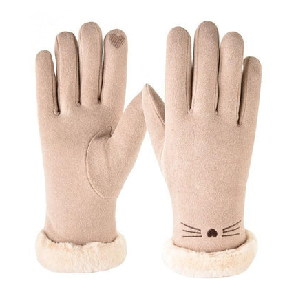 2025 Wholesale Cute Fur Touch Screen Warm Gloves Suede Women's Winter Plus Velvet Thickened Cycling Finger Gloves