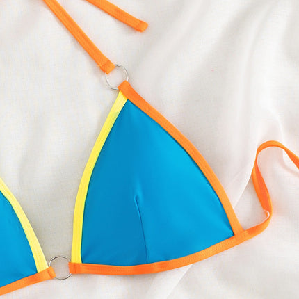 2025 New Bikini Cross-Border European and American Style Aliexpress Color-Blocked Triangle Cup Tie-Up Sexy Backless Bikini Swimsuit