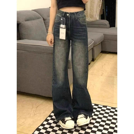 Blue Gray Micro-flare Jeans Women's Fashion All-match plus size High Waist Hip Covering Slimming Horseshoe Trumpet Long Pants