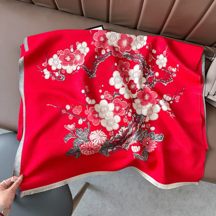 High-End Plum Blossom Scarf for Women, Imitation Cashmere Office Air-Conditioned Room Shawl, Winter Mother's Gift Scarf