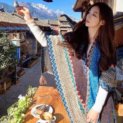Northwest Ethnic Style Cloak Dual-purpose Air Conditioning Cloak Wool Knitted Handmade Tassel Cloak Xinjiang Travel Cloak