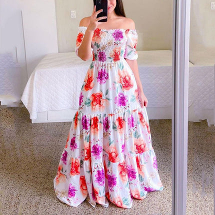 2025 cross-border new spring and summer European and American women's dress off-shoulder floral fashion off-shoulder long printed skirt