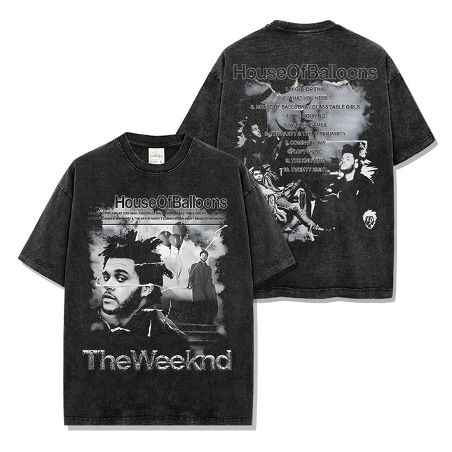 Cross-border American hip-hop potted brother The Weeknd printed short sleeve t-shirt loose crew neck hooded sweater wholesale