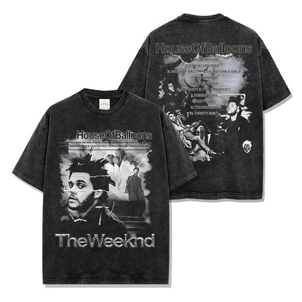 Cross-border American hip-hop potted brother The Weeknd printed short sleeve t-shirt loose crew neck hooded sweater wholesale