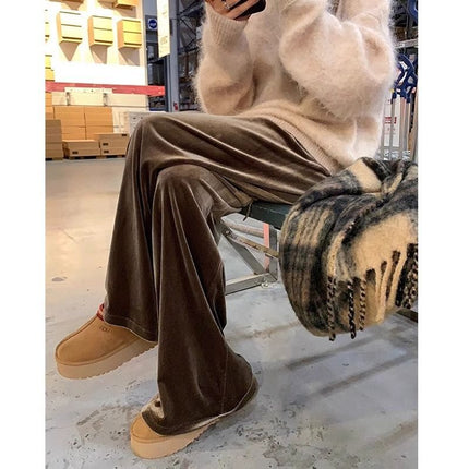 Maillard Brown Gold Velvet Wide Leg Pants Women's Spring and Autumn New Casual Pants Velvet Pants Drape Floor-Mopping Pants