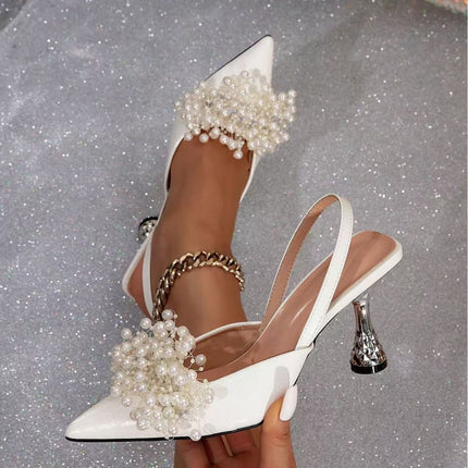 In-Stock Cross-Border Fashion Pearl Flower Irregular Square Beads Stiletto Pointed Open-Back Slingback Sandals for Women