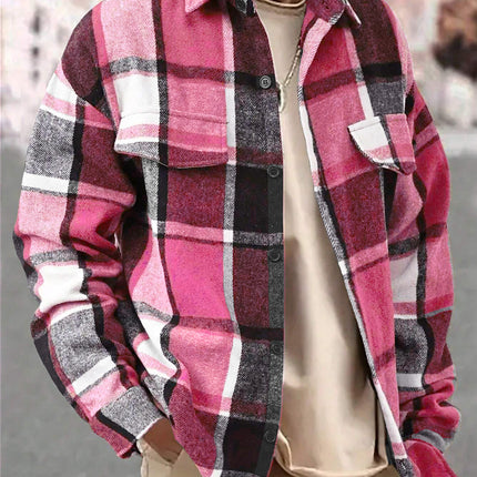25 Amazon European and American Cross-Border Temu Elegant Lapel Checkered Men's Shirt Retro Brushed Casual Long-Sleeved Jacket
